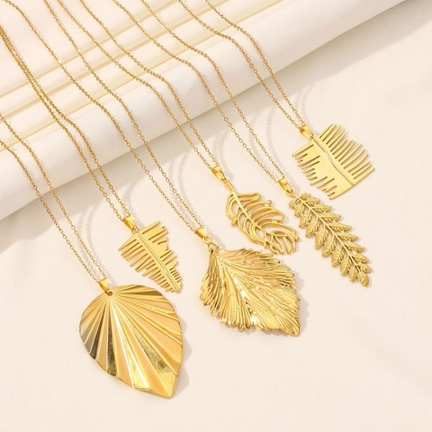 Minimalist Leaf Feather Pendant Necklace Stainless Steel Bohemian Elegant Jewelry For Women