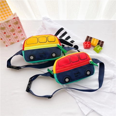 Kids Cartoon Bus Shape Crossbody Bag Canvas Waterproof Chest Waist Pack Adjustable Strap Toddler Fashion School Accessory