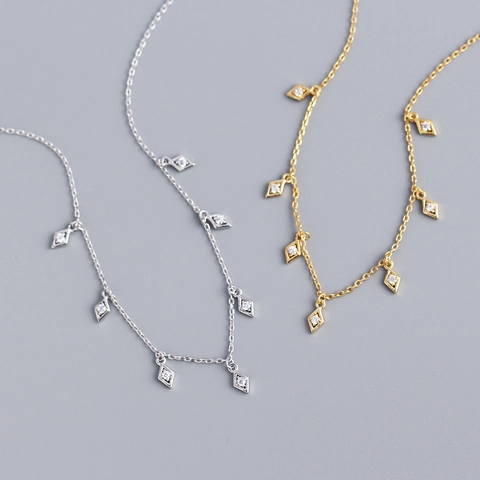 S925 Sterling Silber Halskette Rhombus Geometrische Zirkon Anhänger Minimalistische Zierliche Fransen Schlüsselbeinkette Damen