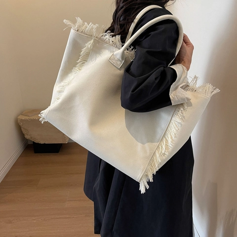 Large Capacity Canvas Tote Bag Frayed Fringe Edge Minimalist Shoulder Handbag Women Fashion Commuting School