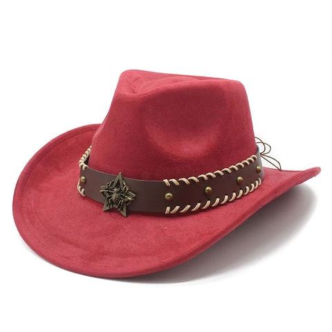 Western Cowboy Hat Faux Suede Wide Brim With Leather Band Metal Star Badge Retro Ethnic Style For Men Women