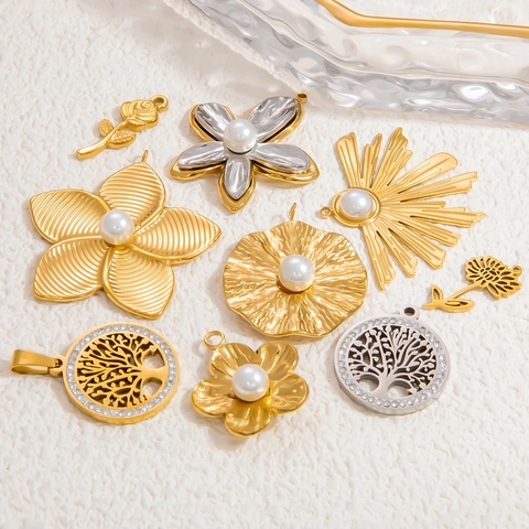 Edelstahl Künstliche Perle Strass Anhänger Charms Blumen Baum Des Lebens Rose Design Für DIY Halskette Schmuckherstellung