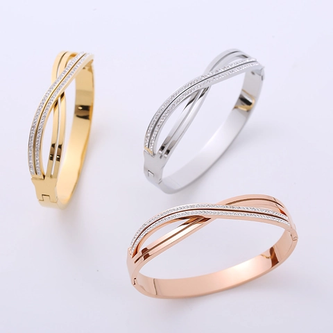 Bracciale Rigido Incrociato A Forma Di X Da Donna Acciaio Inossidabile 304 Con Strass Doppia Fila Gioielli Eleganti Di Classe