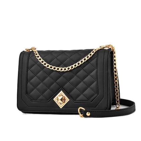Women Quilted Shoulder Bag PU Leather Golden Chain Crossbody Bag Geometric Twist Lock Elegant Classic Fashionable