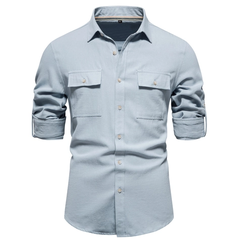 Camicia Casual Da Uomo Puro Cotone Maniche Lunghe Stile Workwear Doppie Tasche Tinta Unita Colletto Risvoltato Top Con Bottoni