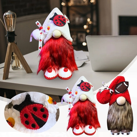 Decorazione Gnomo Di Natale Tema Coccinella Bambola Di Peluche Senza Volto Barba Rossa Cappello Bianco Ornamento Scrivania