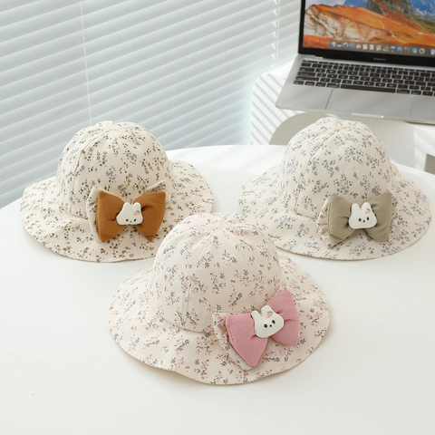 Baby Girls Bucket Hat Floral Print Sun Protection Cotton Blend And Polyester Breathable Summer Hat With Bow And Rabbit Toy