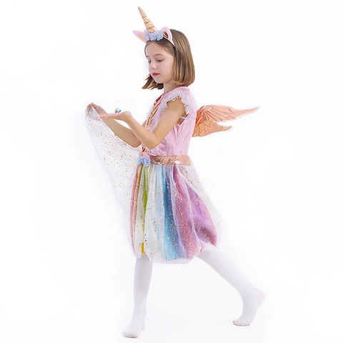 Déguisement Licorne Fille Robe En Tulle Arc-En-Ciel Avec Ailes Et Bandeau Pour Halloween Fête D'anniversaire Cosplay