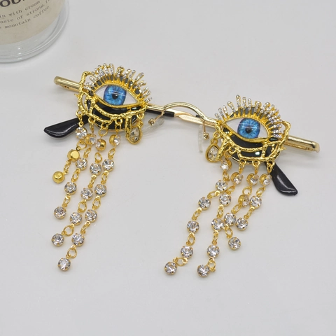 Evil Eye Sonnenbrille Mit Strass Quasten Metallrahmen Blaues Augen Design Übertriebene Runde Dekorative Brille Für Damen