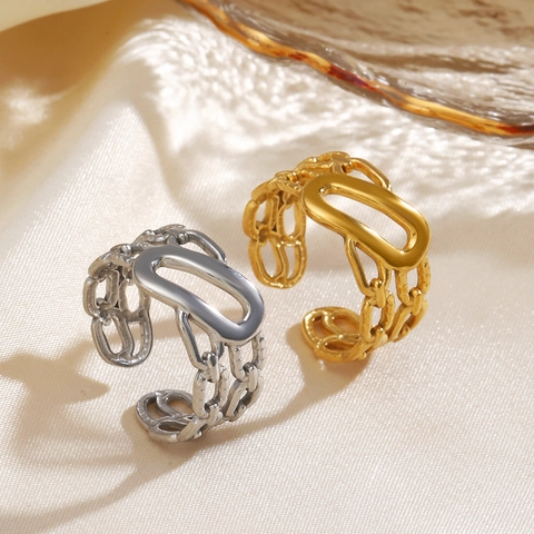 Anillo Abierto Ajustable Acero Inoxidable Chapado En Oro 18K Cadena Hueca Geométrica Oval Joyería Minimalista Mujer