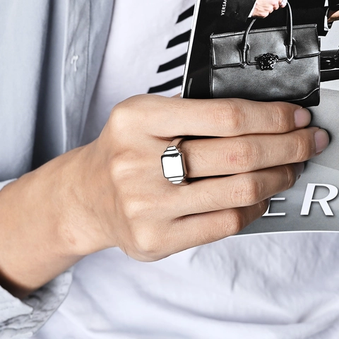 Stainless Steel Square Signet Ring Polished Tiered Minimalist Plain Band Jewelry Unisex