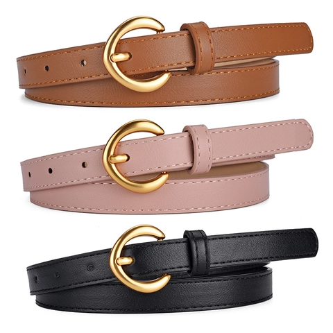 Ceinture Fine pour Femmes en Cuir PU Avec Boucle à Ardillon Ronde Minimaliste Mode Sangle de Taille Décorative Couleur Unie Casual Jean Robe Ceinture