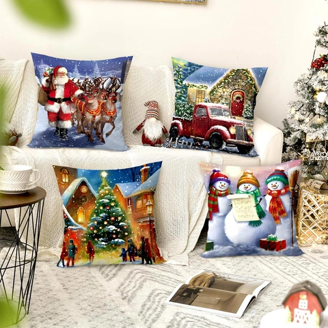 Kerst Kussenslopen Polyester Cartoon Kerstman Sneeuwpop Gedrukt Kussenhoezen Voor Vakantie Sofa Couch Winter Home Decoratie