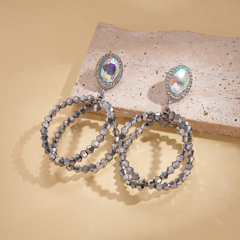 Ovale Dubbele Ring Hangende Oorbellen Met Iriserend Glas Strass En 925 Sterling Zilveren Oorsteker Unieke Sieraden Voor Dames