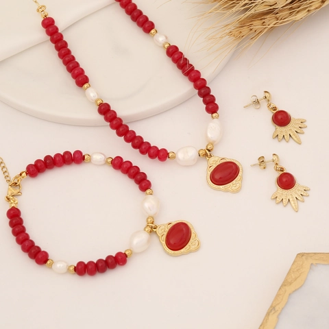 Gioielli Vintage In Agata Rossa Pietra Naturale Perla Artificial E Acciaio Inossidabile Collane Bracciale Orecchini Da Donna Stile Francese