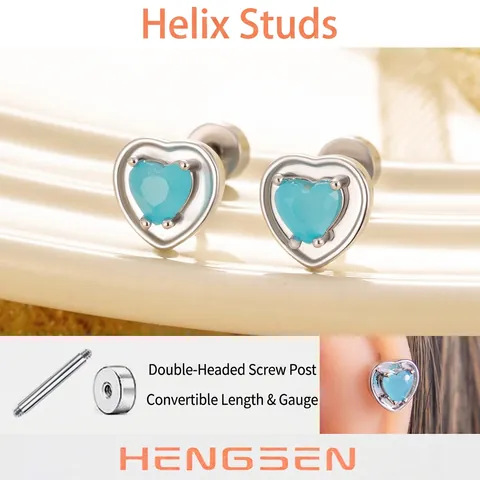 Heart Blue Zircon Stud Earrings Titanium Steel Screw Back Cartilage Piercing Jewelry Elegant For Women