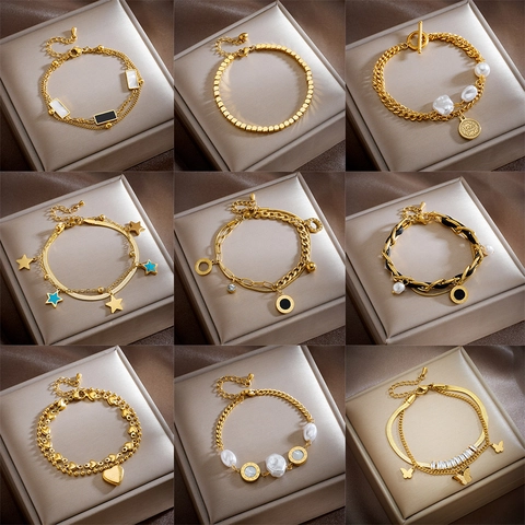 Bracciale a Doppio Strato in Acciaio Inossidabile Oro Rétro di Nicchia Per Donna Farfalla Stella Cuore Perla Artificiale Strass Ciondoli Bracciale a Catena Gioielli di Moda Regalo