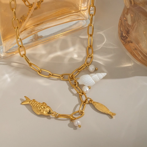 Roestvrijstalen Hanger Ketting Zoetwaterparel Schelp Gouden Vis Bedeltjes Waterdichte Elegante Sieraden Dames