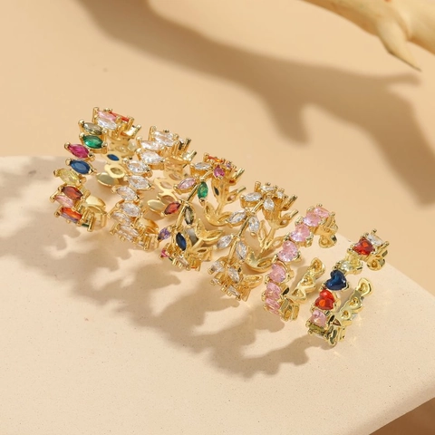 Marquise Colorful Cubic Zirconia Leaf Branch Adjustable Open Rings Copper 14K Gold Plated For Women Elegant Fashion