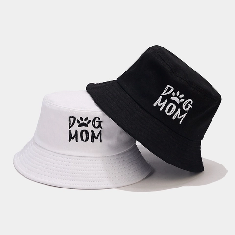 Chapeau Bob En Coton Femmes Dog Mom Brodé Empreinte De Patte Protection Solaire Casual Bord Large Mode Couvre-Chef Extérieur