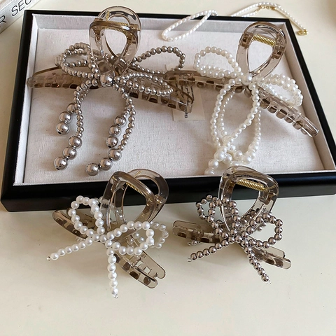 Pinza Para El Pelo Con Lazo De Acrílico Y Perlas Artificiales Sintéticas Elegante Pinza Geométrica Vintage Para Mujer