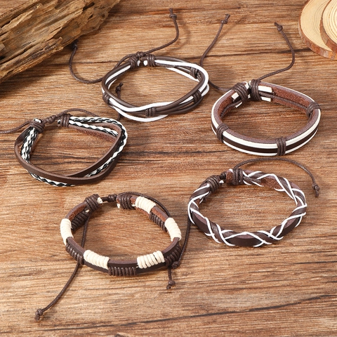 Men's Retro Multi-layer Braided Cowhide Leather Bracelets Adjustable Wax Rope Cotton Thread Handmade Bohemian Style