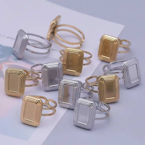 Minimalist Rectangular Stepped Design Open Ring Adjustable Stainless Steel Geometric Jewelry For Women Men