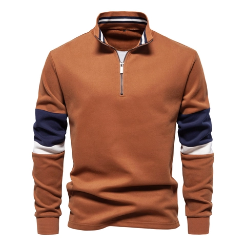 Men Color Block Sweatshirt Quarter Zip Polo Collar Long Sleeve Contrast Stripe Casual Cotton Polyester