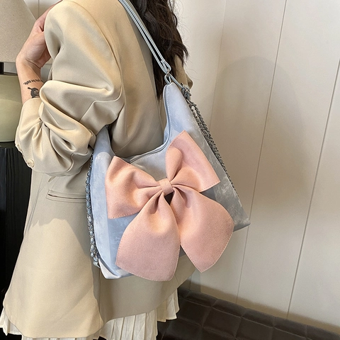 Süße Damen PU Leder Hobo Tasche Mit Großer Rosa Schleife Und Silberner Kette Retro Lässige Schultertasche