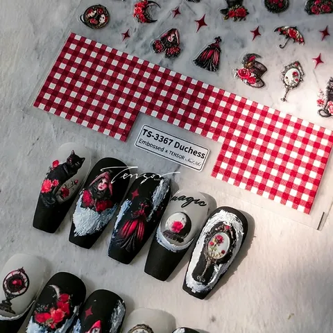Pegatinas De Uñas En Relieve 5D Estilo Gótico Oscuro Rosa Roja Gato Negro Espejo Mágico Calcomanías Manicura PET