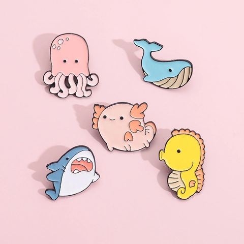 Cute Cartoon Sea Animal Enamel Brooch Pink Octopus Shark Whale Seahorse Axolotl Alloy Pins For Clothing Bag Accessories Jewelry