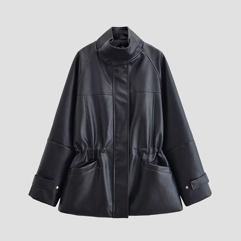Chaqueta De Cuero Sintético PU Para Mujer Cintura Ajustable Manga Larga Cremallera Color Sólido Cuello Alto Ropa De Abrigo Informal
