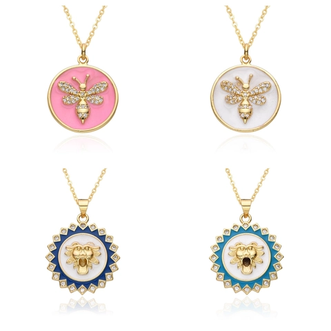 Luxury Copper Gold Plated Enamel Bee Lion Head Pendant Necklace For Women Rhinestone Inlaid Vintage Fashion Jewelry