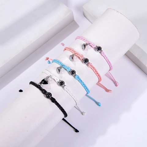 Bracciali Di Coppia In Corda Intrecciata A Mano Con Attrazione Magnetica A Cuore E Pietra Di Proiezione Ti Amo In 100 Lingue