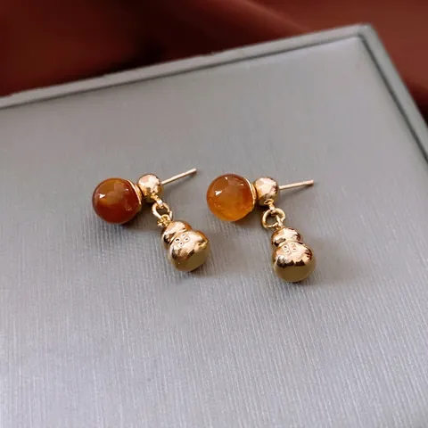 Vintage Gourd Dangle Earrings With Amber Acrylic Bead Copper Metal And Silver Earring Post Retro Jewelry For Women
