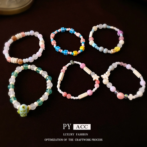 Handgefertigtes Buntes Perlenarmband Mit Keramik Glückskatze Stern Blatt Charms Modischer Süßer Schmuck