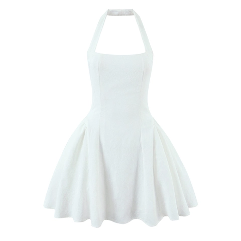 Witte Halter Mini Jurk Voor Dames Rugloos Slanke Uitlopende Zoom Getextureerde Jacquard Sexy Elegant Zomerfeest Mouwloos