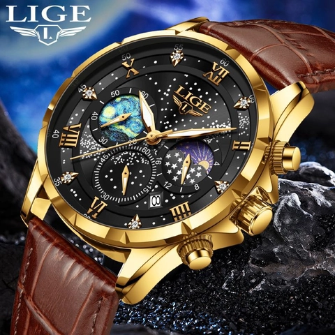 LIGE Orologio al Quarzo da Uomo Business Fase Lunare Luminoso Impermeabile Orologio da Polso Cinturino in Pelle Quadrante Stellato Lusso Moda