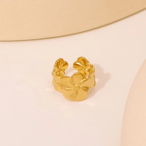 Floral Open Ring Stainless Steel Gold Plated Adjustable Frangipani Fashion Jewelry For Women Waterproof Hypoallergenic