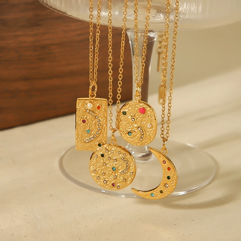Collana Con Pendente Sole Luna Stella Acciaio Inossidabile Placcato Oro 18K Gioielli Bohémien Celesti Per Donna Martellata