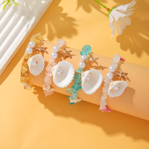 Bohemian Summer Beach Shell Bracelet For Women Handmade Starfish Imitation Artificial Pearl Crushed Stone Adjustable Jewelry