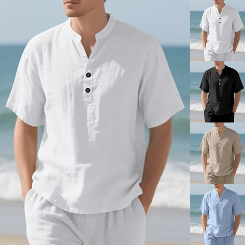 Chemise Henley Homme Manche Courte Mélange De Lin Col Montant Été Plage Haut Décontracté Ample Couleur Unie Respirant