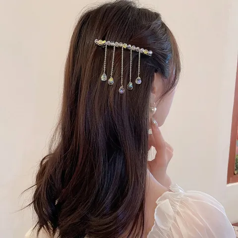Elegante Fermaglio Per Capelli Con Nappe E Pendente In Cristallo Artificiale Goccia D'acqua Lega Lunga Molletta Per Donne