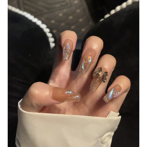 Luxury Long Coffin Press On Nails Aurora Butterfly Rhinestone Translucent Milk Tea Color Glossy Fake Nails For Women
