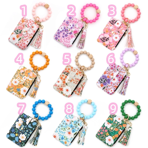 Women Floral Print PU Leather Wallet Wristlet Keychain Set Silicone Bead Bracelet Card Holder With Tassel Zip Small Purse