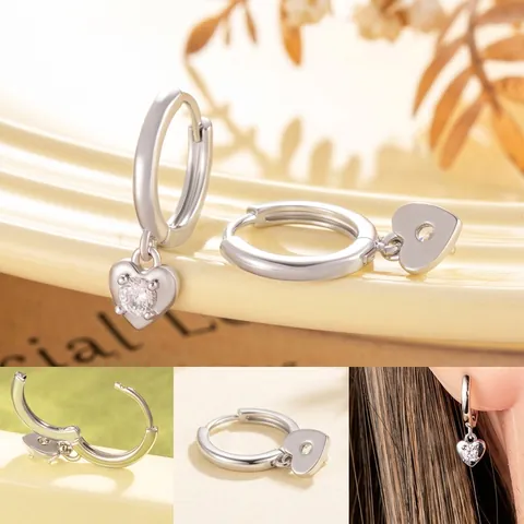 Boucles D'oreilles Créoles Cœur Scintillantes Cuivre Avec Zircone Bijoux Argentés Délicats Pour Femmes Filles