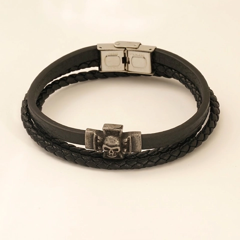 Vintage Punk Gothic Skull Cross Multi Layer Leather Bracelet Stainless Steel Bangle For Men