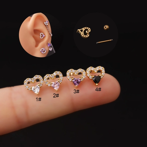 Hart Zirkoon Oorkraakbeen Stud Piercing Sieraden Roestvrij Stalen Staaf Koperen Schroefbal Rug Mode Vrouwen Accessoire