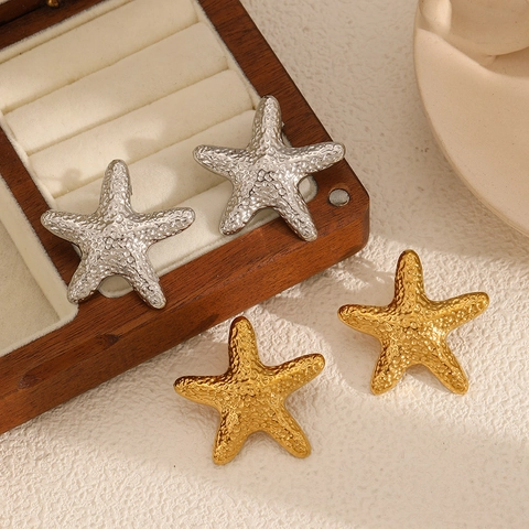 Seestern Stecker Ohrringe Gehämmert Edelstahl 18K Vergoldet Ozean Stil Sommer Schmuck Für Damen