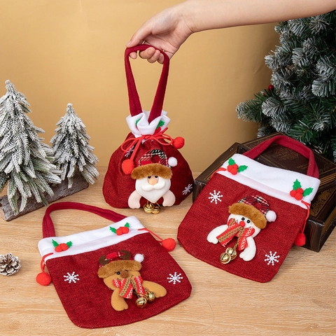Christmas Gift Bags Red Linen Fabric 3D Santa Snowman Reindeer Drawstring Handle Bell Holiday Party Candy Wrap Festive